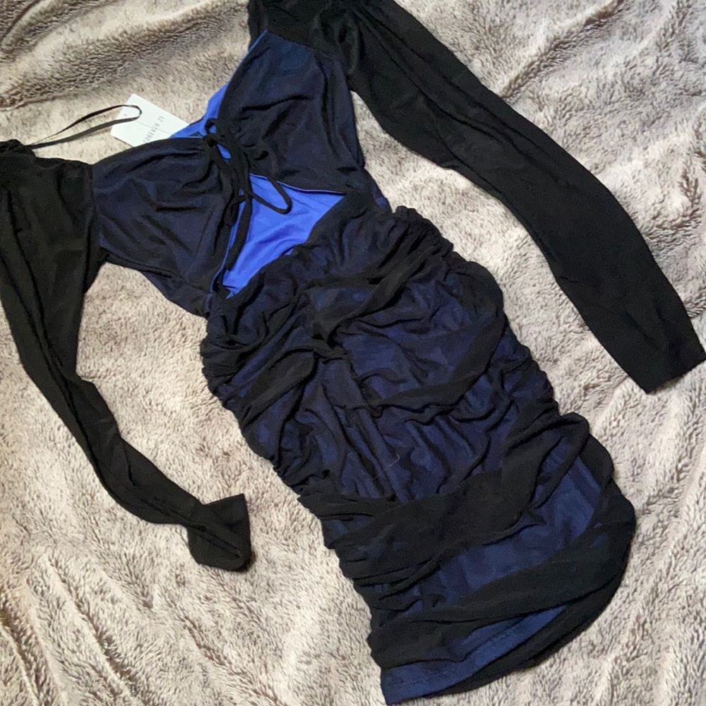 Black And Blue Mesh Cutout Dress